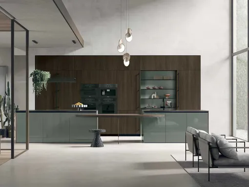 Cucina Moderna con isola Color Trend 09 in Rovere Termocotto Cannettato e laccato lucido Timo e di Stosa