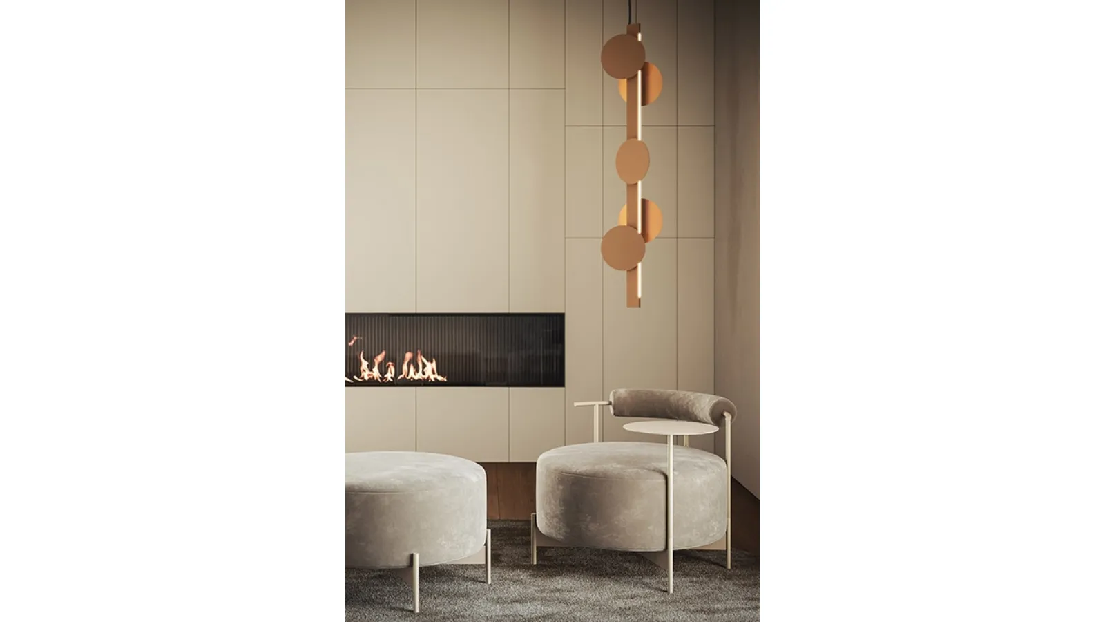 Lampada a sospensione Sundown composta da una barra in metallo verniciato ed elementi magnetici decorativi liberamente posizionabili di Ronda Design