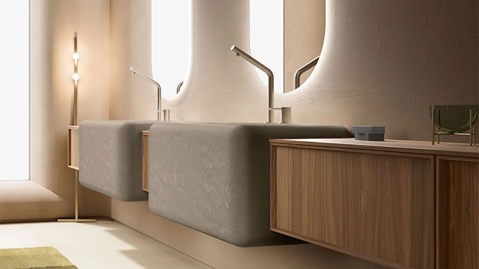 Mobile da Bagno Des Evolution Caramel 02 in Noce Canaletto con lavabi in resina di Cerasa