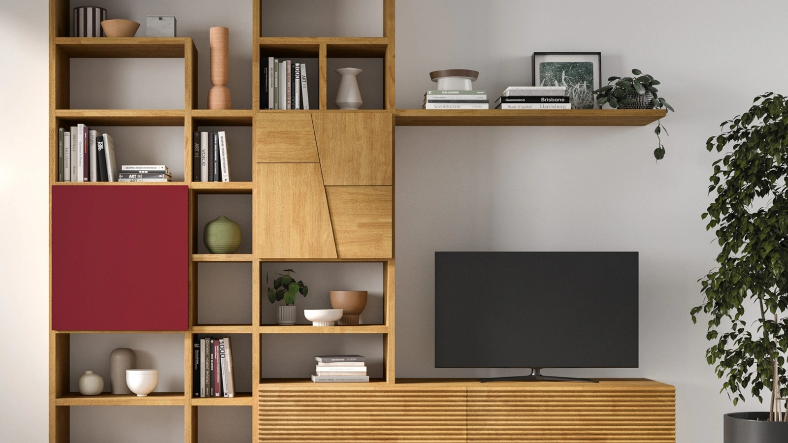 Libreria a muro in legno e laccato Mixer 01B di FGF Mobili