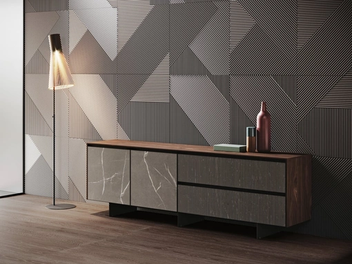 Madia con top in finitura legno Noce Canaletto e ante in gres finitura pietra piasentina di Binova