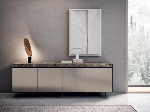 Madia Bluna Tech in finitura alluminio champagne e top in gres di Binova