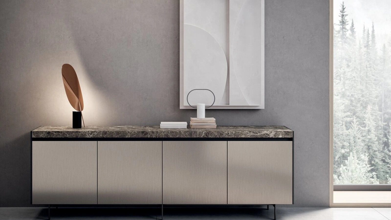 Madia Bluna Tech in finitura alluminio champagne e top in gres di Binova