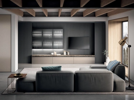 Parete Attrezzata Bluna Tech in MDF finitura alluminio champagne, gres e vetro di Binova