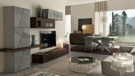 Parete Attrezzata in legno di frassino finitura grigio e tabacco con frontali decorati Decor Comp 155 di Modo 10