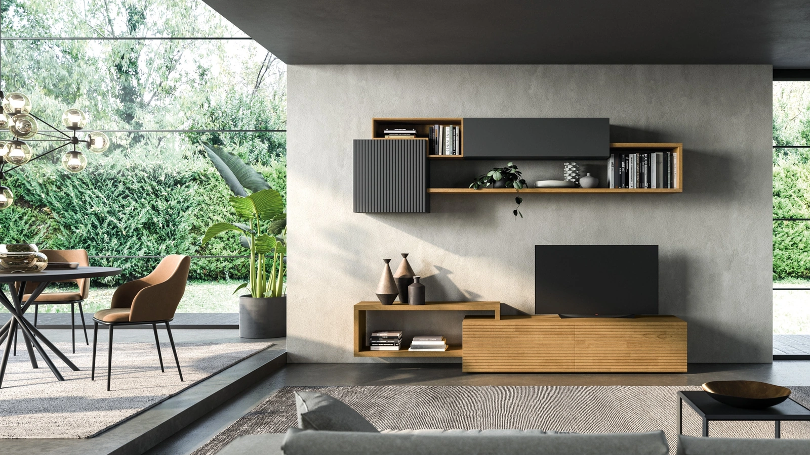 Parete Attrezzata in legno cannettato naturale e laccato Mixer 05 di FGF Mobili