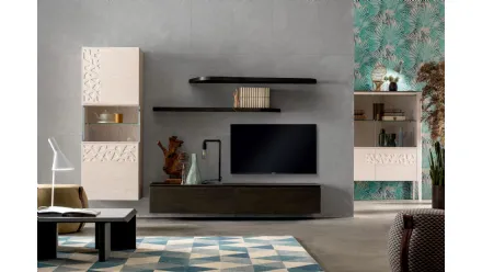 Parete Attrezzata sospesa in finitura frassino Sigaro e frassino Latte con decori Moon Comp 022 di Modo 10