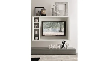 Parete Attrezzata in legno di frassino finitura Bianco e Fumo Portofino Comp 004 di Modo 10