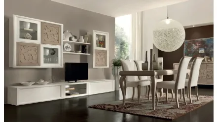 Parete Attrezzata Portofino in legno laccato bianco con ante in legno naturale decorato e in vetro Comp 116 di Modo 10