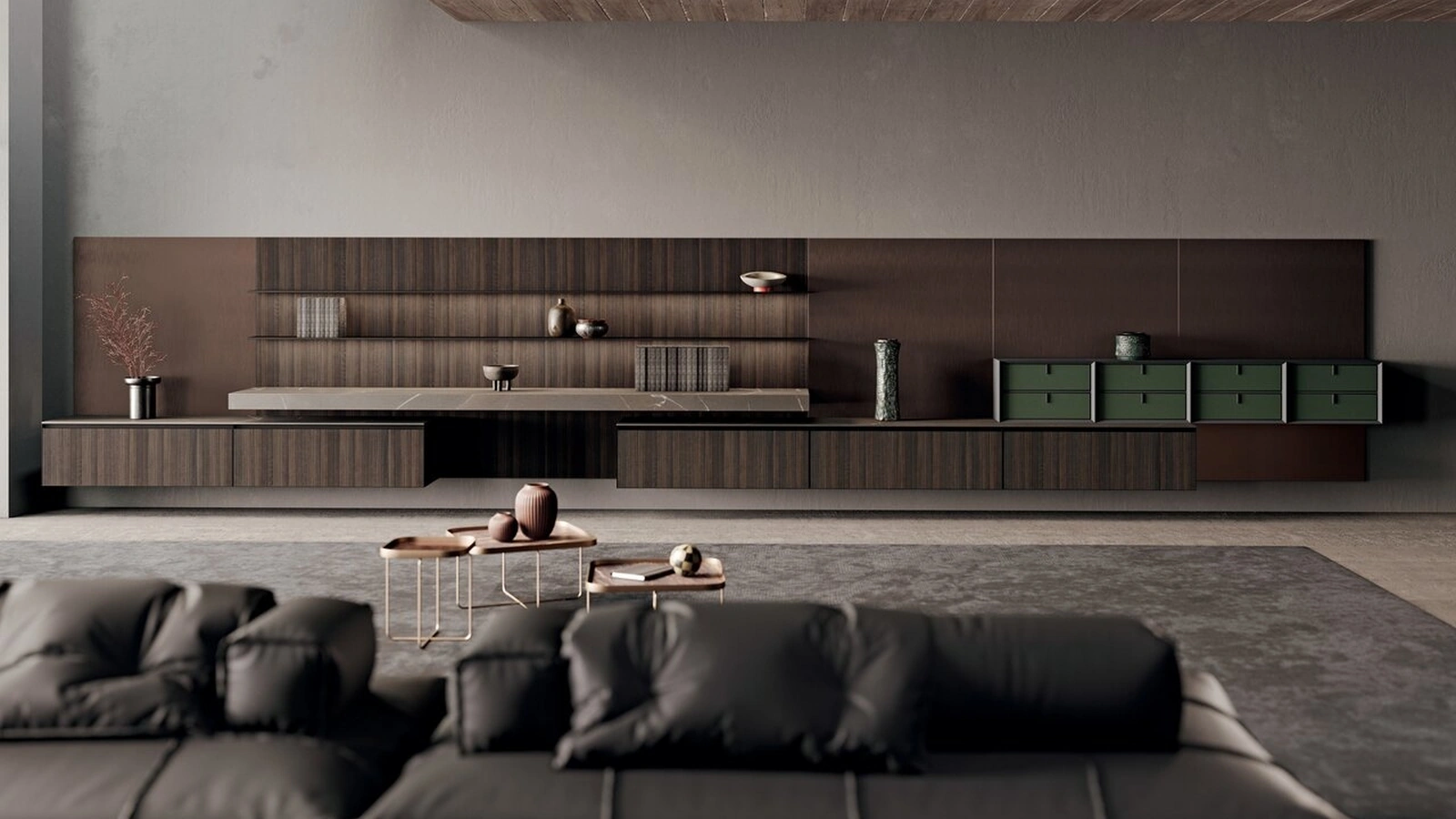 Parete Attrezzata in bilaminato legno rovere e piano in gres effetto pietra Scava di Binova