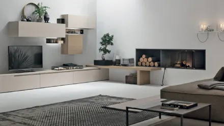 Parete Attrezzata Atlante UNIT AT125 in materico opaco madreperla e legno rovere sabbia di Tomasella