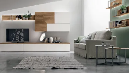 Parete Attrezzata Atlante UNIT AT129 in materico nodato chiaro e materico opaco bianco gesso di Tomasella