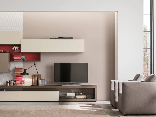 Parete Attrezzata Unix Comp SU2110 in essenza Olmo Tabacco e laccato Cashmere di Maronese