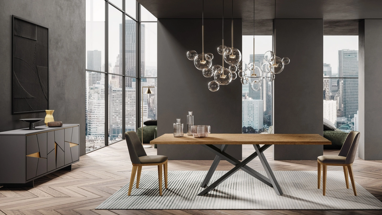 Tavolo Crossing in legno di rovere finitura Groove con base in metallo di FGF Mobili