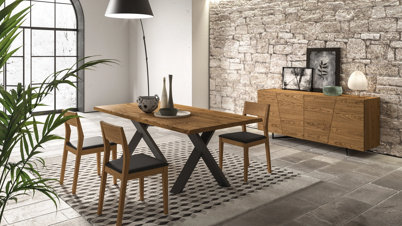 Tavolo Walking con piano in legno di rovere e base in metallo di FGF Mobili