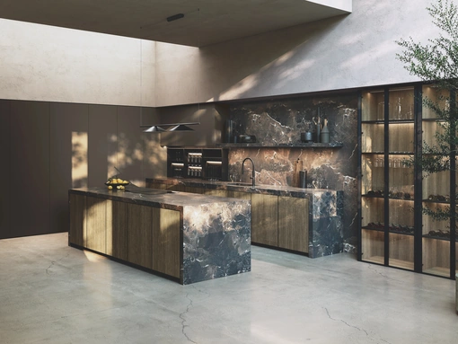 Cucina Design con isola Avola in legno e gres di Binova