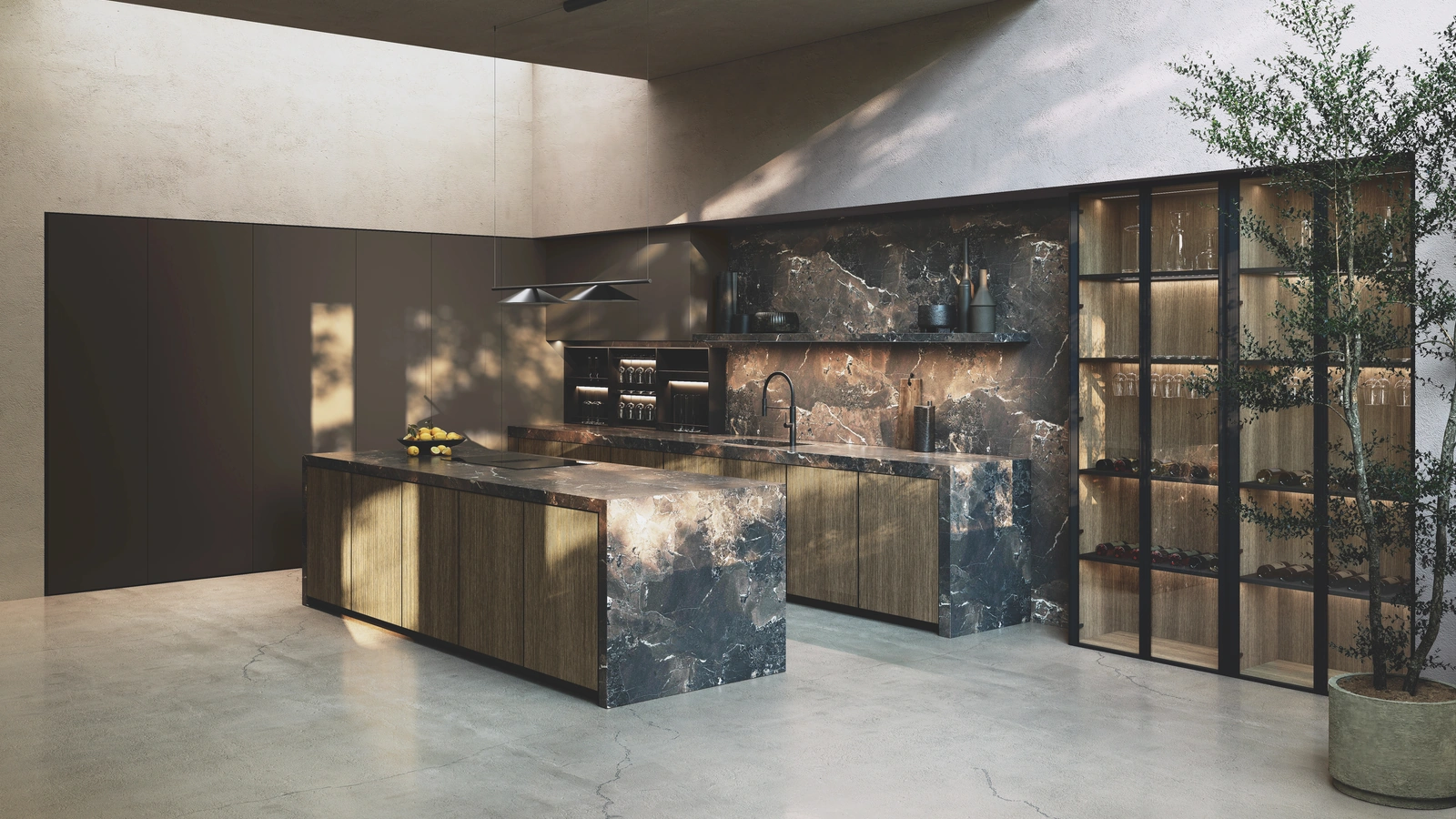 Cucina Design con isola Avola in legno e gres di Binova