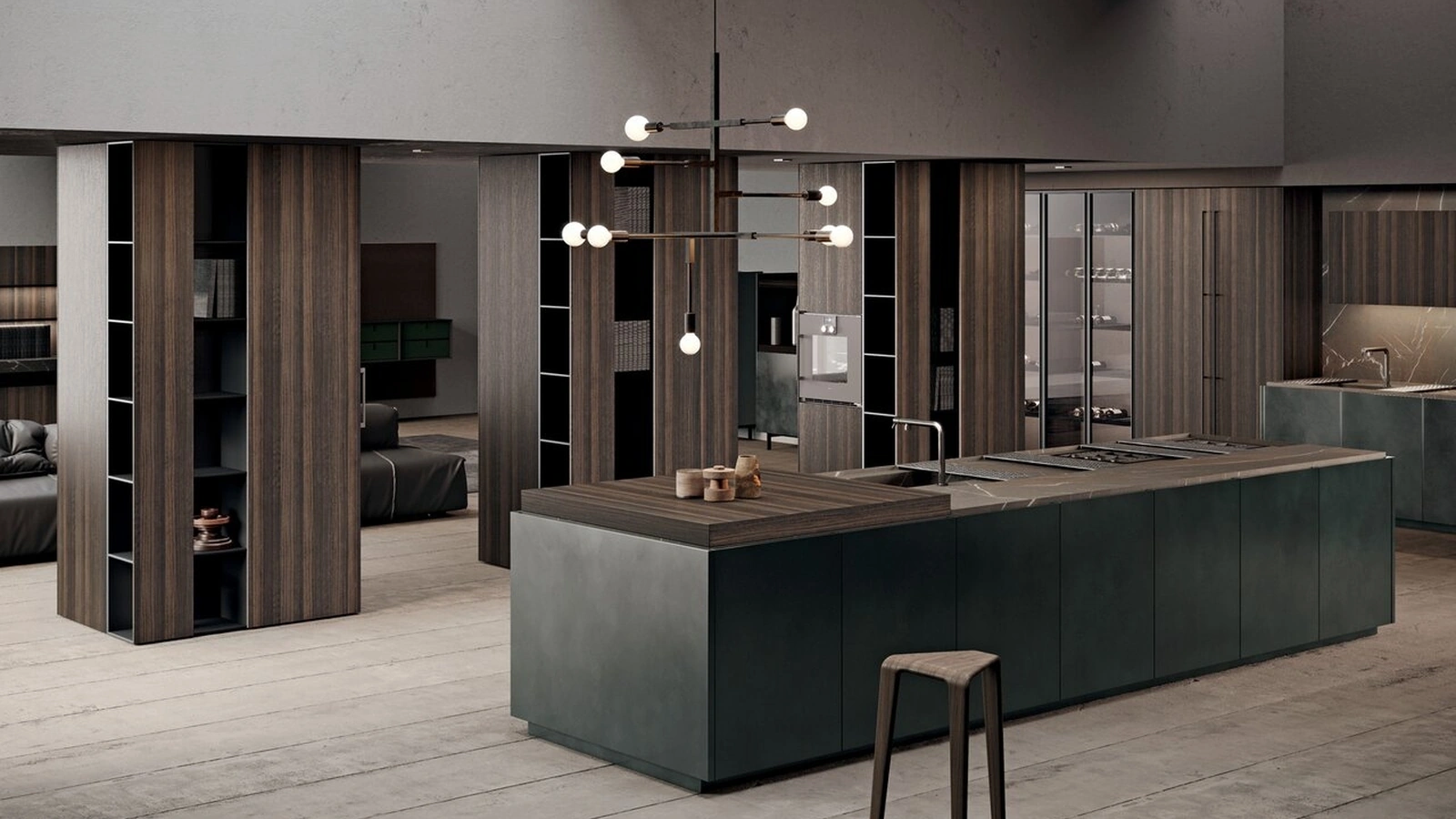 Cucina Design con isola in laccato effetto metallico e bilaminato effetto legno con top in gres Scava di Binova