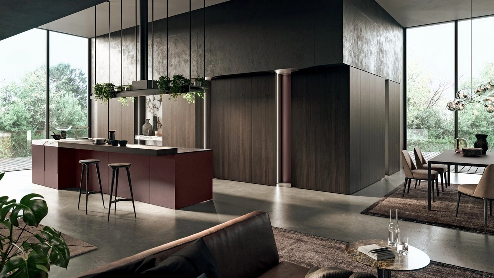 Cucina Design con isola in laccato metal Amaranto e legno con top in gres Vogue Metal 4|0 di Binova