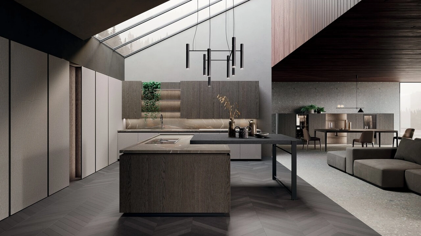 Cucina Design con isola e penisola in rovere grigio e bilaminato pietra piasentina Bluna Legno di Binova