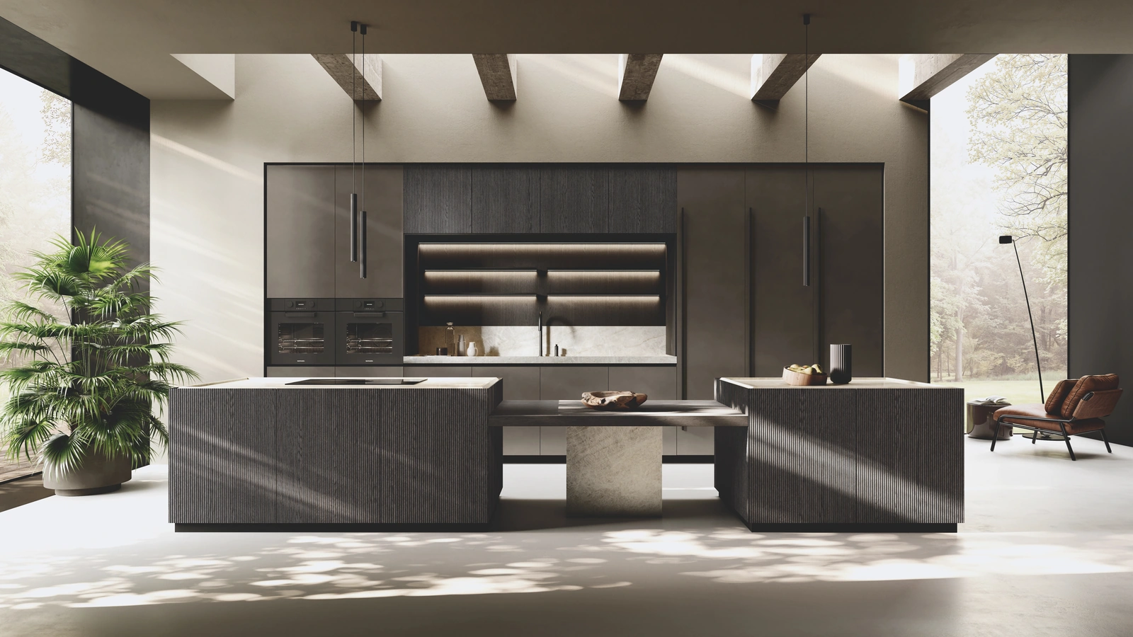 Cucina Design in laccato Metal con isola Bluna Legno Rigato di Binova