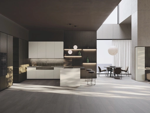 Cucina Design con penisola Bluna Tech Opaco in laccato e bilaminato legno Rovere di Binova