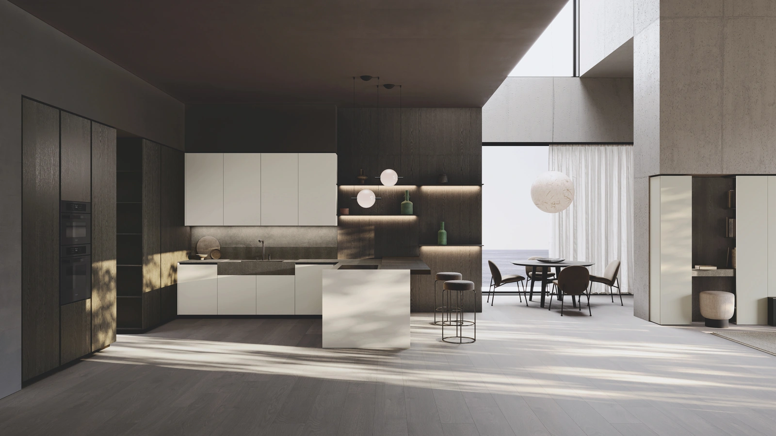 Cucina Design con penisola Bluna Tech Opaco in laccato e bilaminato legno Rovere di Binova