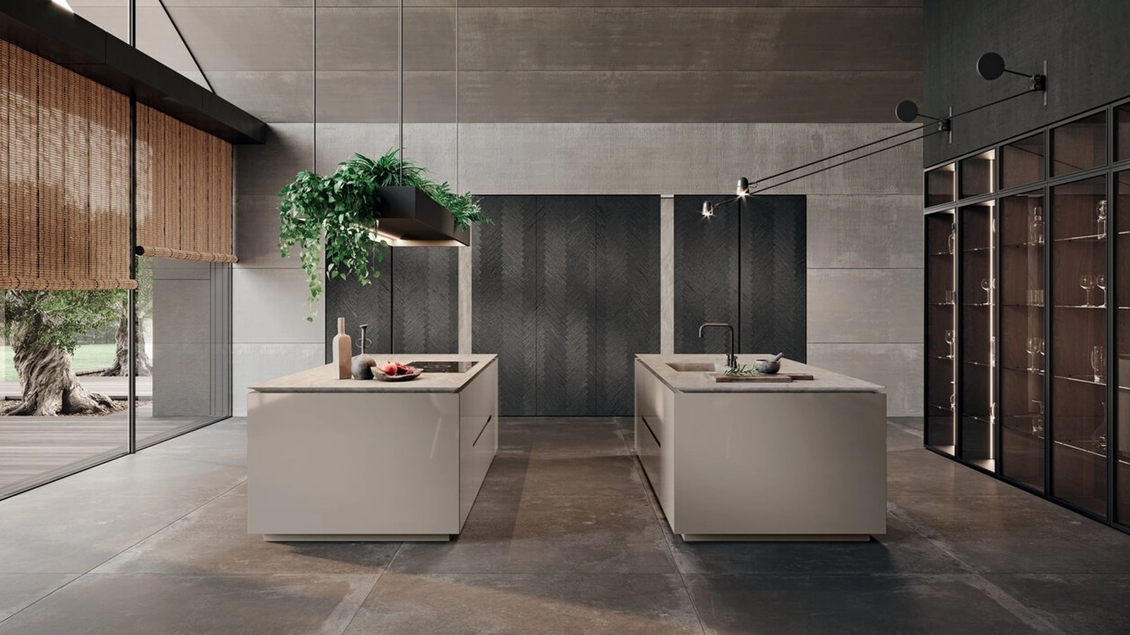 Cucina Design con doppia isola in laccato lucido e top in gres e colonne in rovere Mantis Rovere Magma di Binova