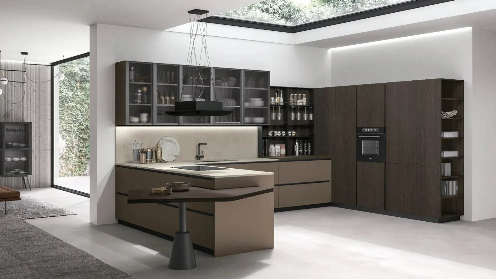 Cucina Moderna con penisola Metropolis 10 in Pet Caffè e Rovere Conero di Stosa
